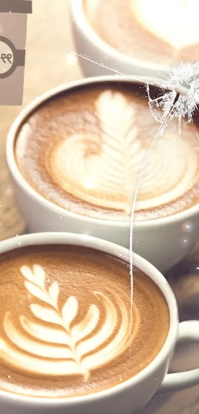 Three coffee cups with latte art and a crack.