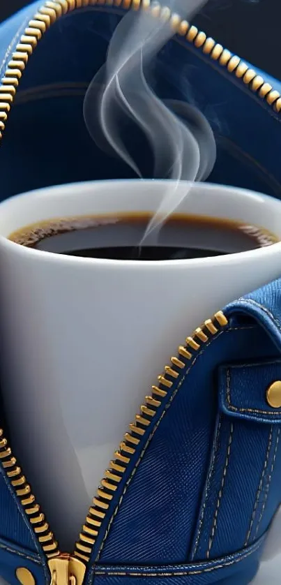 Steaming coffee cup in a denim jacket zipper design.
