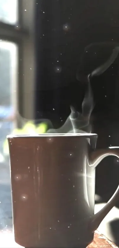 Steaming coffee cup by a sunlit window with cozy ambiance.