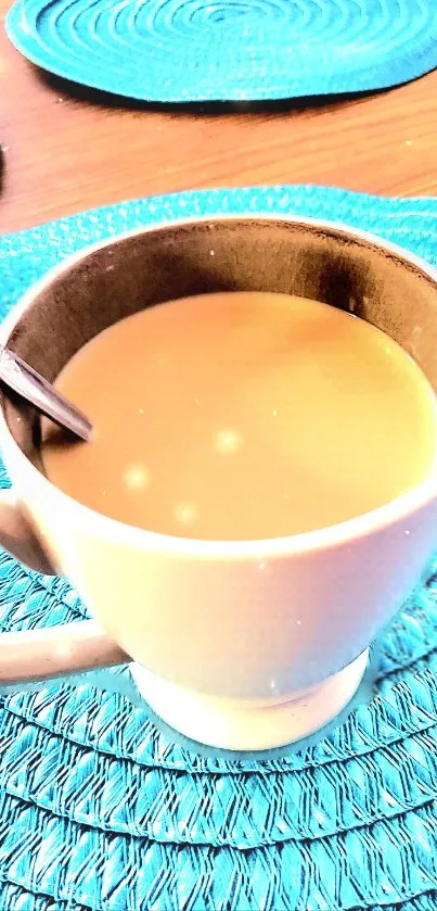 Coffee cup on vibrant blue background, radiating warmth and coziness.