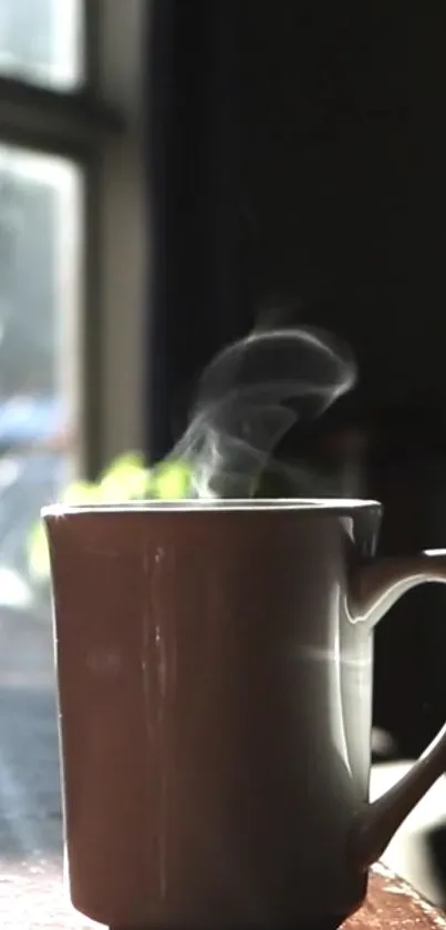 A steaming white coffee mug by a sunlit window, creating a cozy atmosphere.
