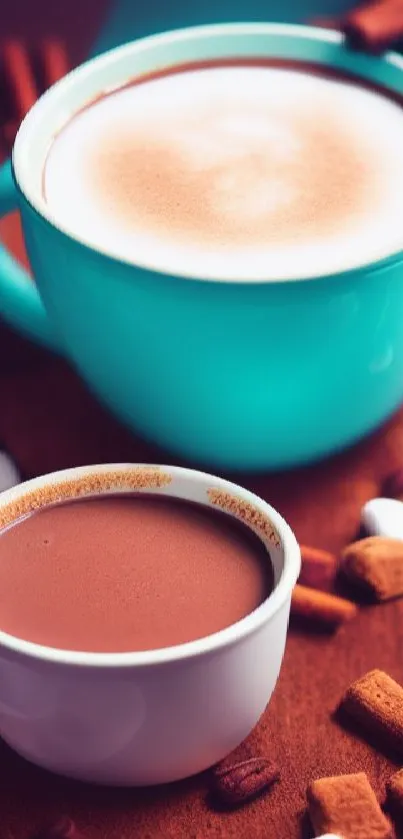 Mobile wallpaper with two cozy coffee cups and marshmallows on a wooden table.