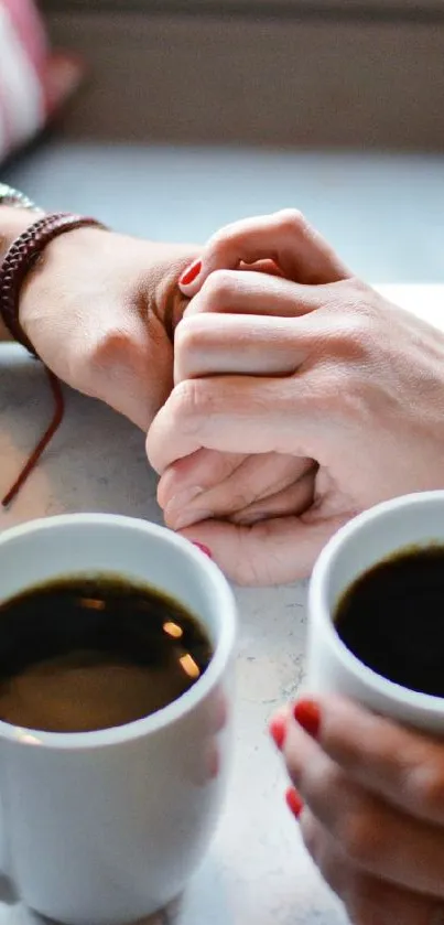 Intimate coffee date with hands and cups.