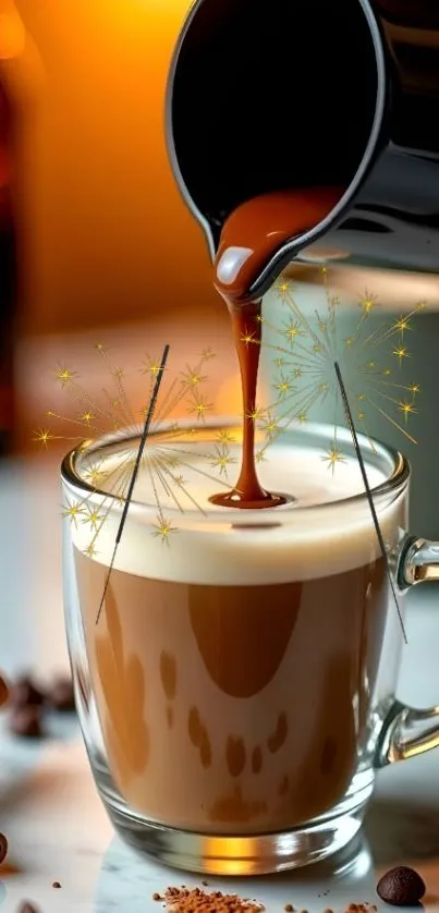 Cozy coffee wallpaper with espresso pouring into a cappuccino cup.