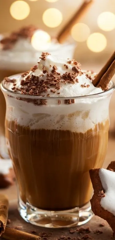 Delicious coffee latte with whipped cream and cinnamon sticks in a cozy setting.