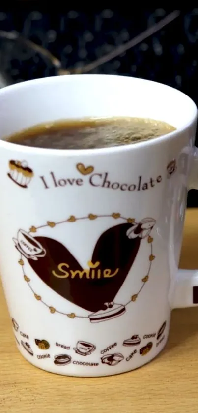 Cozy coffee mug with chocolate theme on a wooden desk.