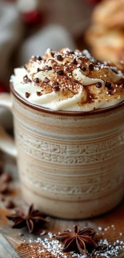 Warm coffee mug with whipped cream and chocolate sprinkles.