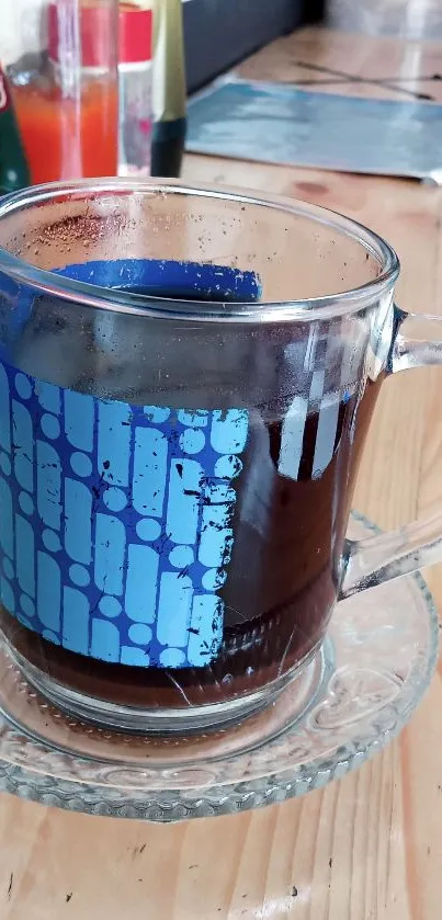 A cozy coffee mug on a wooden table with a modern design.