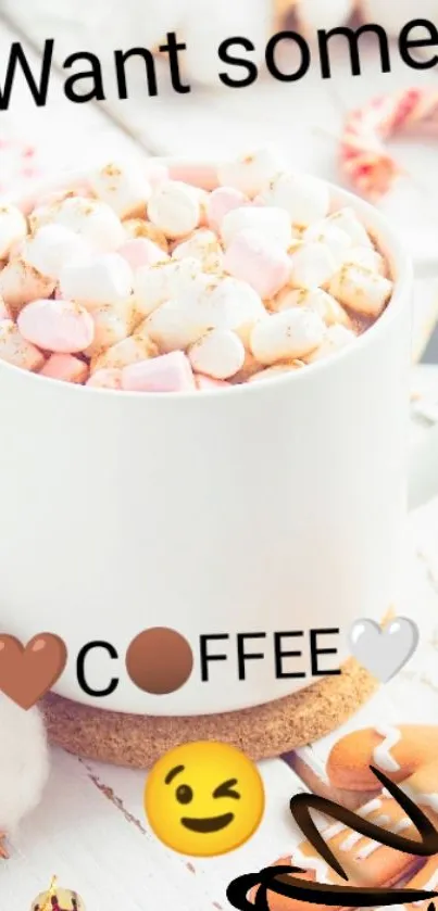 Cozy coffee mug with marshmallows and emojis in a warm, inviting setting.