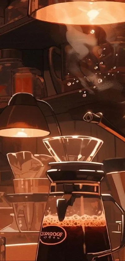 Warm coffee shop scene with steaming cups and cozy lighting.