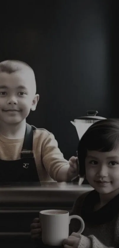 Two children in a cozy cafe enjoying cups of coffee in a dim-lit setting.