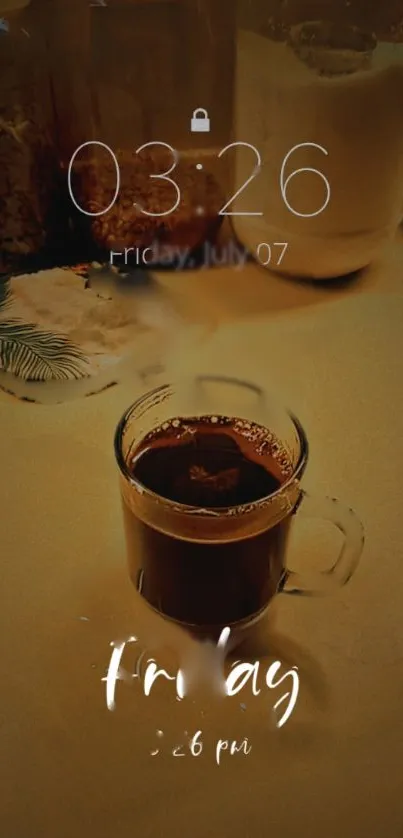 Cozy coffee cup on table with warm lighting.