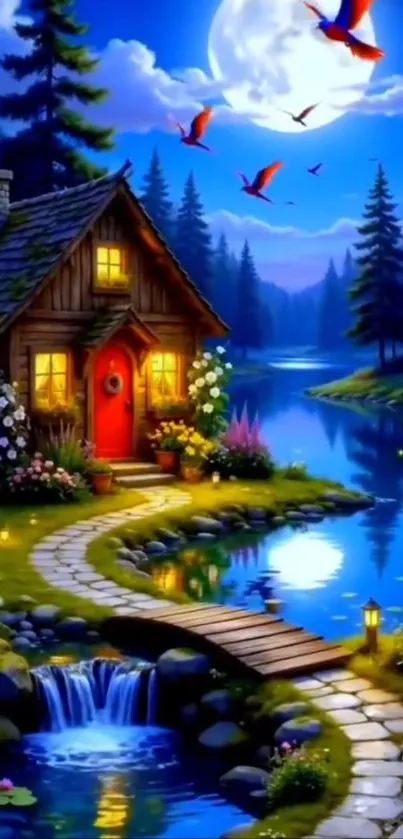 A cozy cottage beside a moonlit lake with vibrant flowers and a glowing pathway.