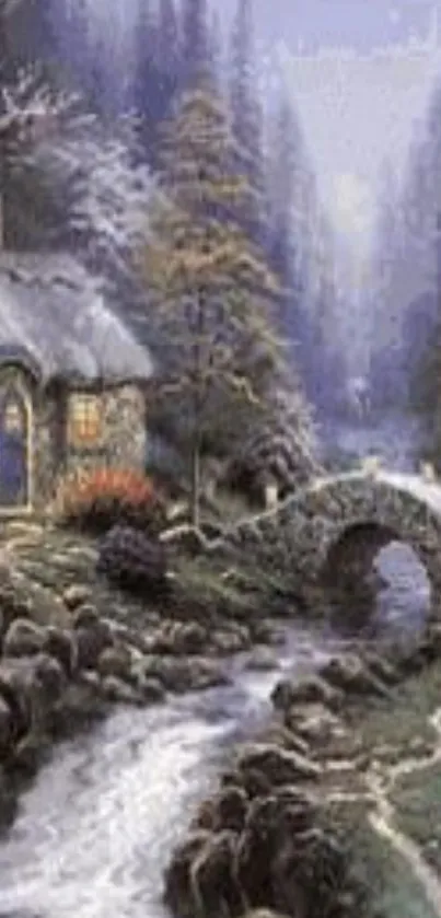 A cozy stone cottage by a snowy river and forest, creating a serene wallpaper scene.