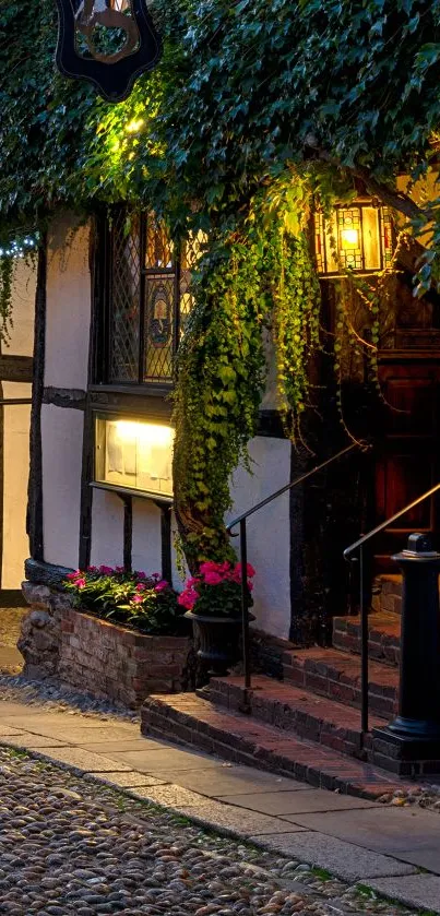 Charming cottage with lantern, lush greenery, and cobblestone path.