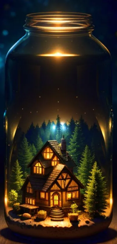 Magical mason jar with lit cottage and forest.