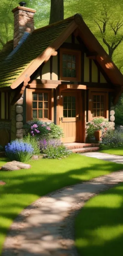 Charming cottage in lush green forest with garden path, captured in daylight.