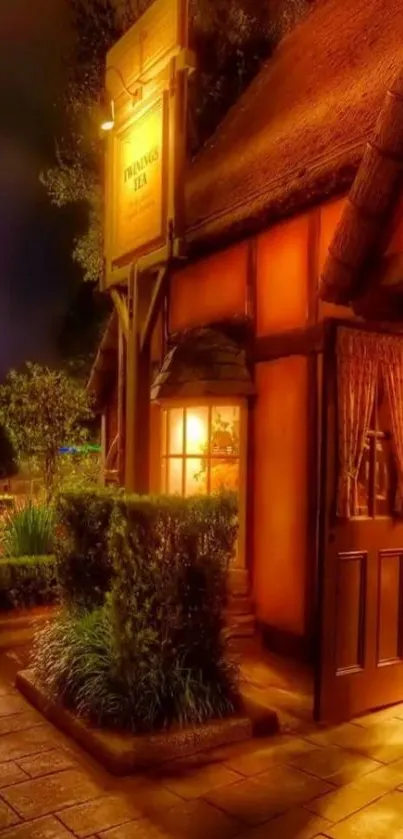 Warm amber-lit cottage at night with vibrant garden path.