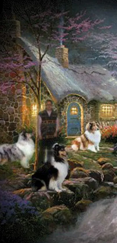 Charming cottage scene with dogs and river under a purple evening sky.