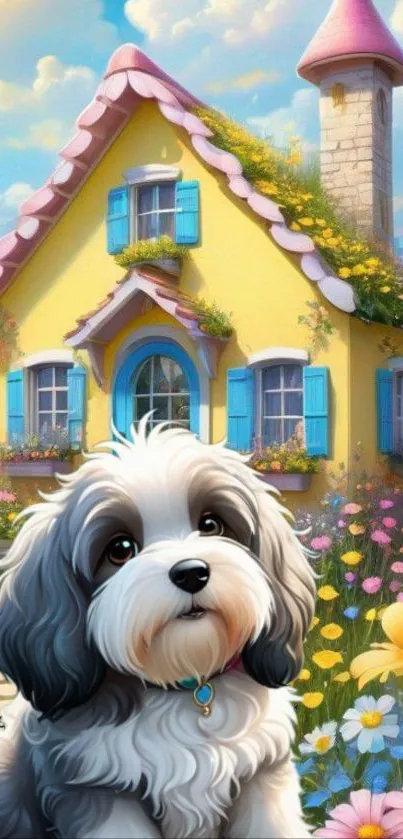 Charming cottage with puppy in colorful garden wallpaper.