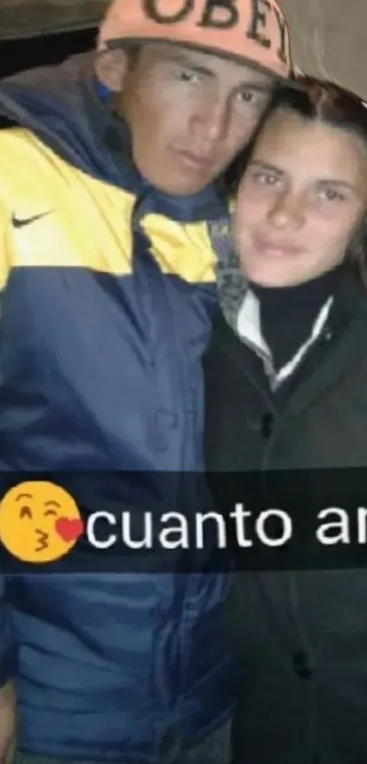 Couple in warm jackets with affectionate smile.