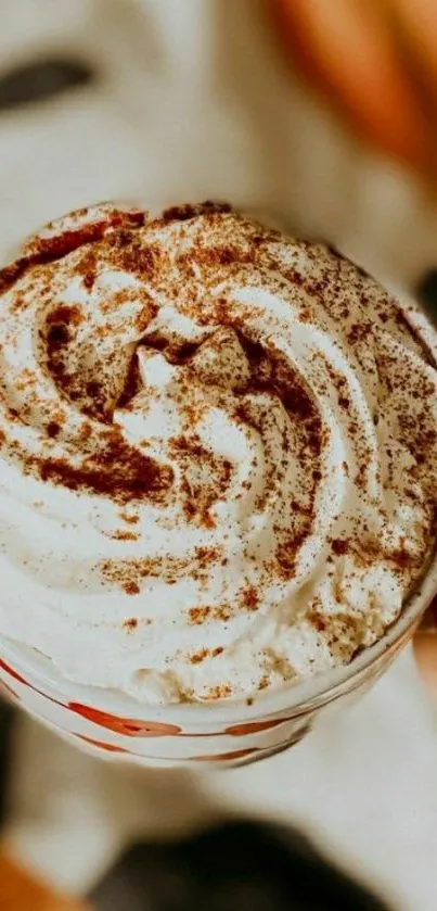 Cup of coffee with whipped cream and cinnamon topping.