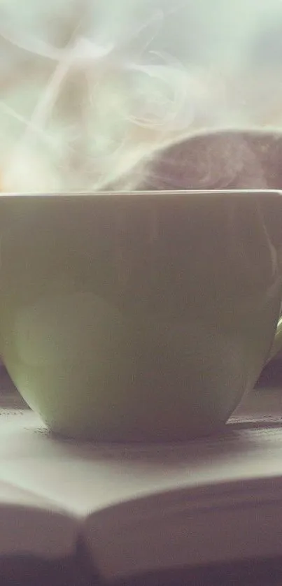 A cozy wallpaper with a steaming green cup on an open book.