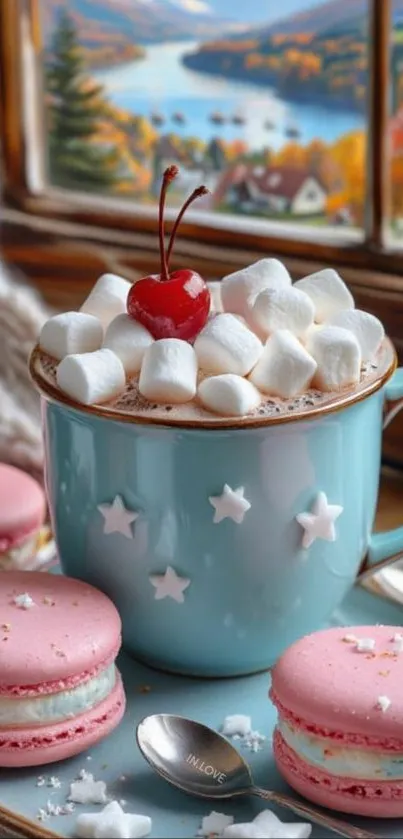 Cozy mug with marshmallows and cherry, autumn view outside.