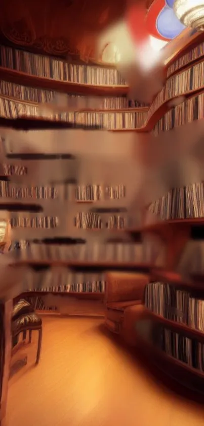Cozy room with curved wooden bookshelves.