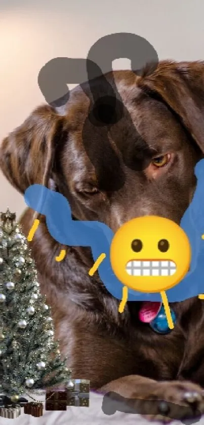 Dog on bed with emoji face and Christmas tree in cozy setting.