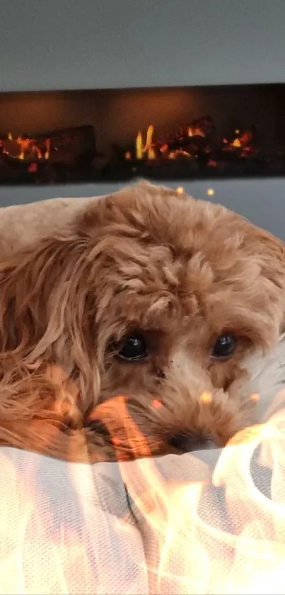 Cozy dog resting by a warm fireplace with soft flames.