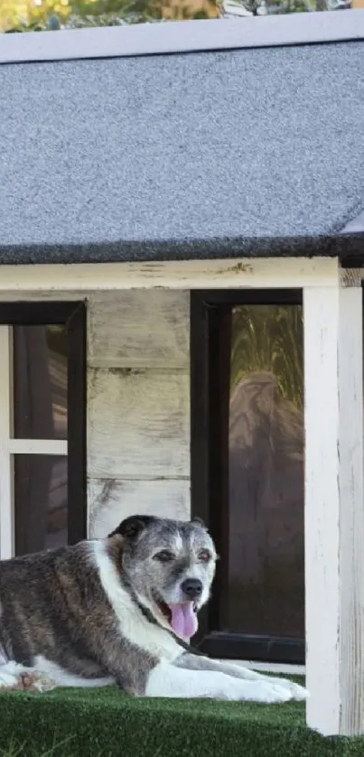 Dog resting outside a rustic wooden dog house on green grass.