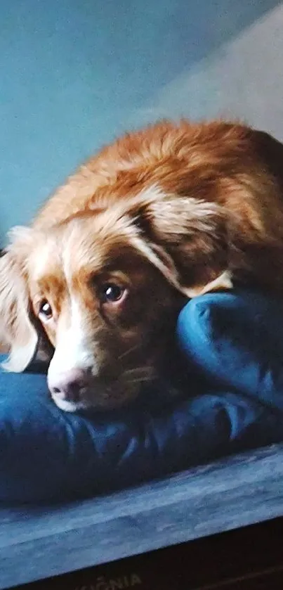 Fluffy dog resting on a blue pillow with soft, warm lighting.