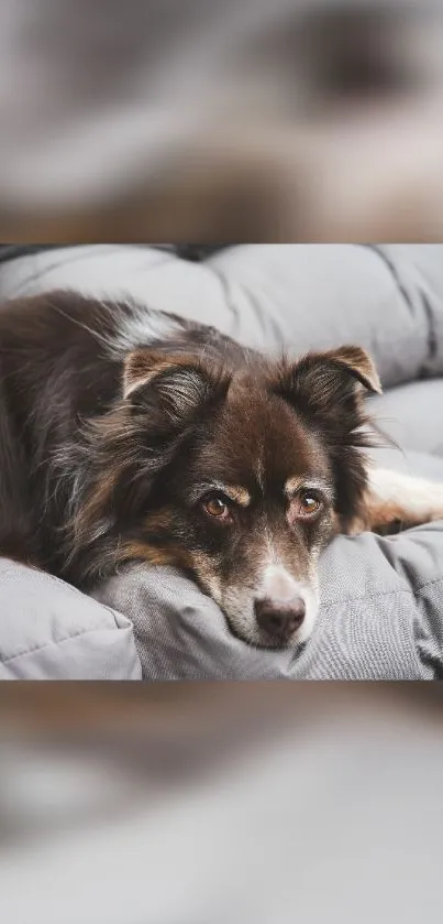 Cozy dog lying on a soft grey couch, looking relaxed and comfortable.