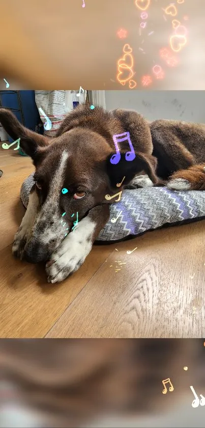 Dog resting on pillow with musical notes background.