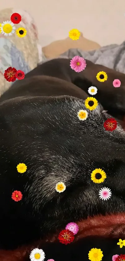 Black dog sleeping on a colorful patterned bed.