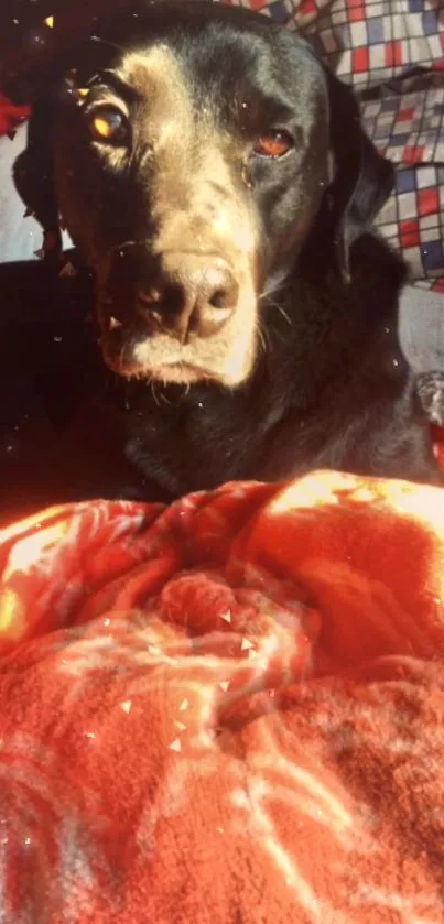 Black dog on a red blanket in sunlight.