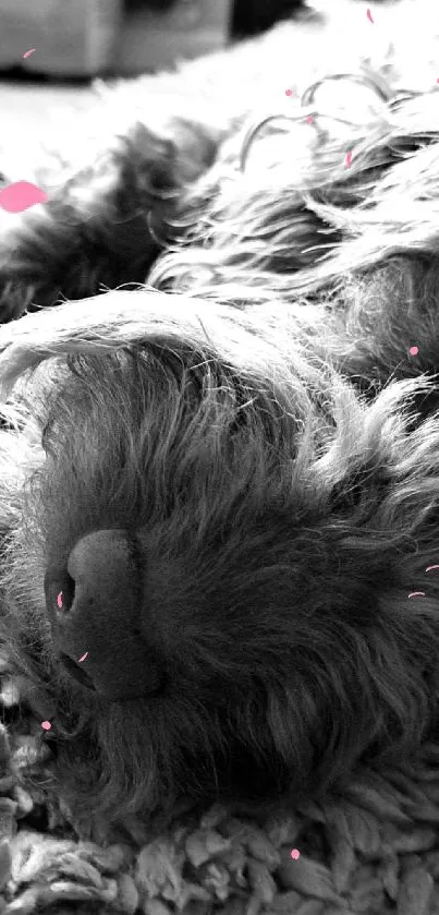 Adorable dog resting on a soft rug in black and white.