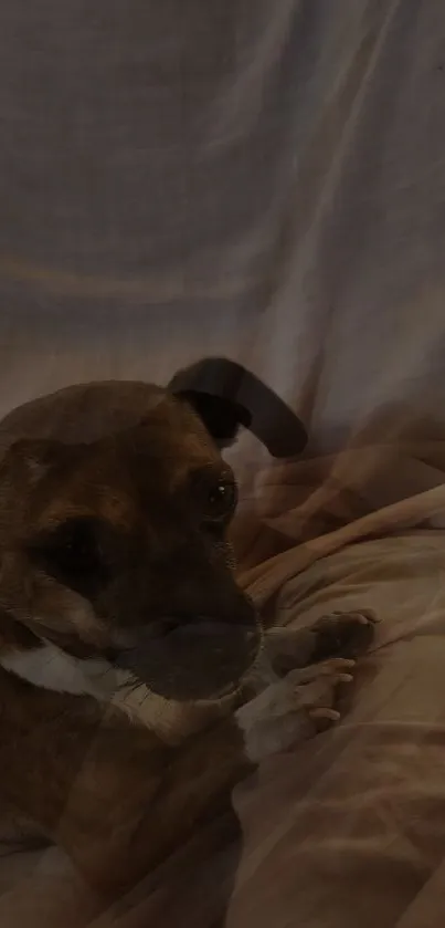 Dog rests on a soft brown blanket in a cozy wallpaper setting.