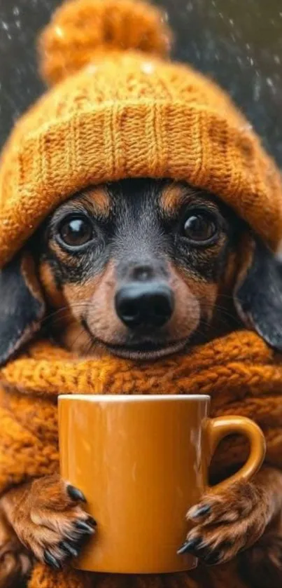 Cute dog in an orange knit hat holding a mug.