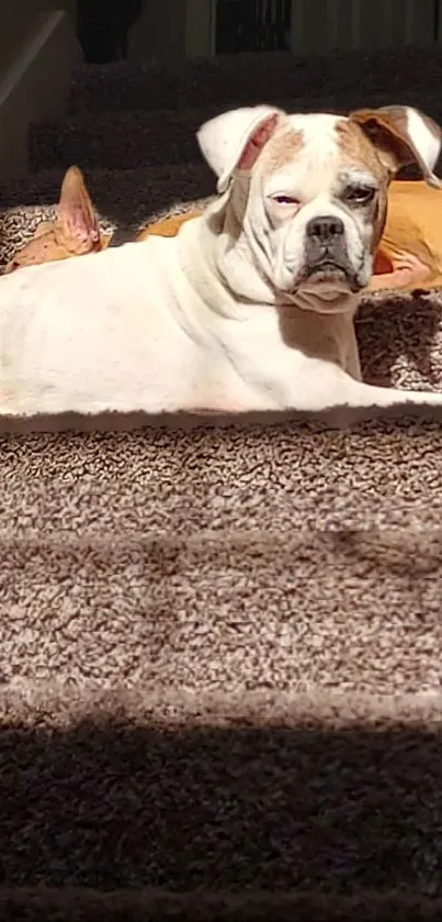 Two dogs resting on carpeted stairs with sunlight filtering through.