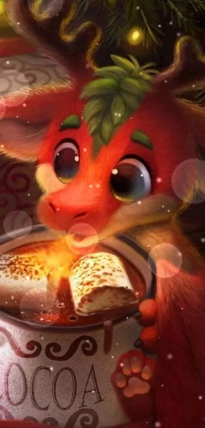 Cute dragon holding hot cocoa in holiday-themed wallpaper.