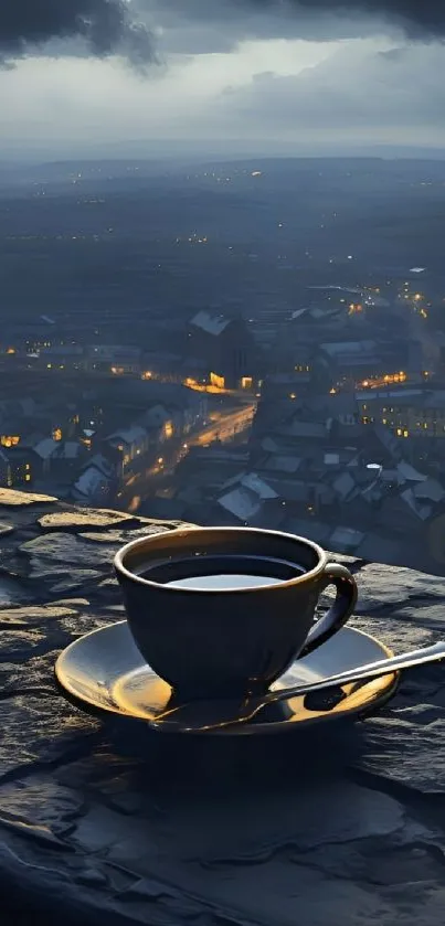 A serene cityscape at dusk with a coffee cup in the foreground.