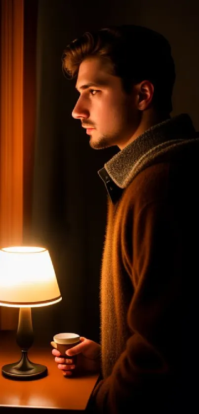 Warm brown room with glowing lamp and serene ambiance.