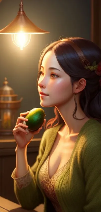 Cozy portrait of a young woman in warm, dim lighting holding a lime.