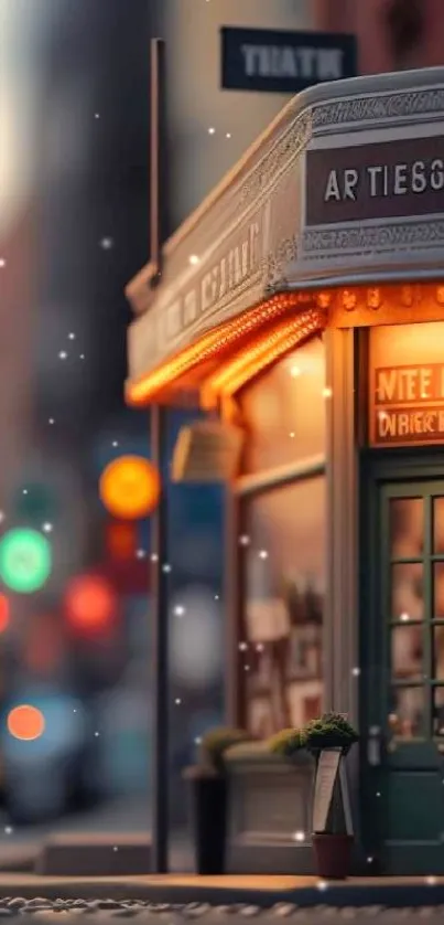 Cozy evening street with a charming shop and warm glowing lights.