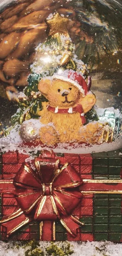 Cozy festive bear in a snow globe with a gift box.