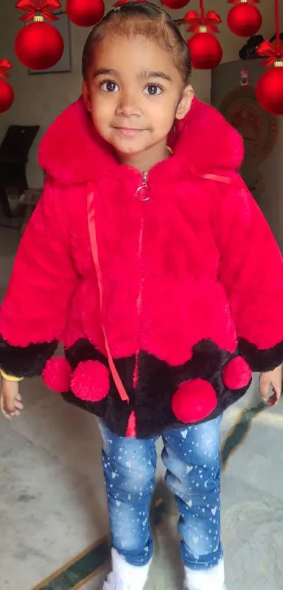 Child in red coat with festive ornaments, smiling indoors.