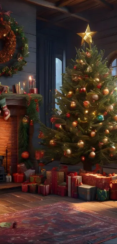 Cozy Christmas scene with tree by fireplace.