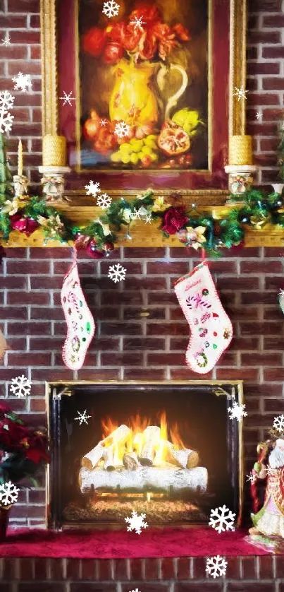 Cozy fireplace with festive Christmas stockings and garlands.